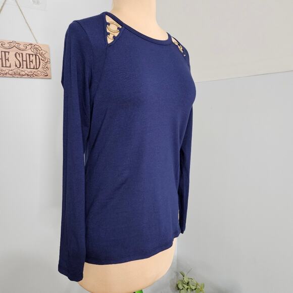 MICHAEL Michaek Kors Top Womens Small Gold Toned Shoulder Cutout Blue Cotton - Picture 3 of 13